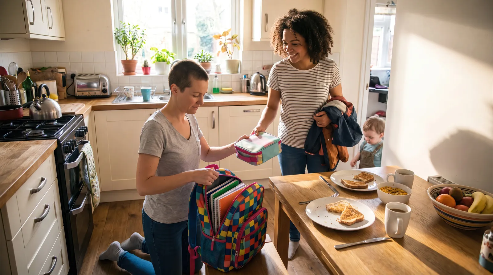 Parents packing a school lunch and backpack together in a sunny kitchen