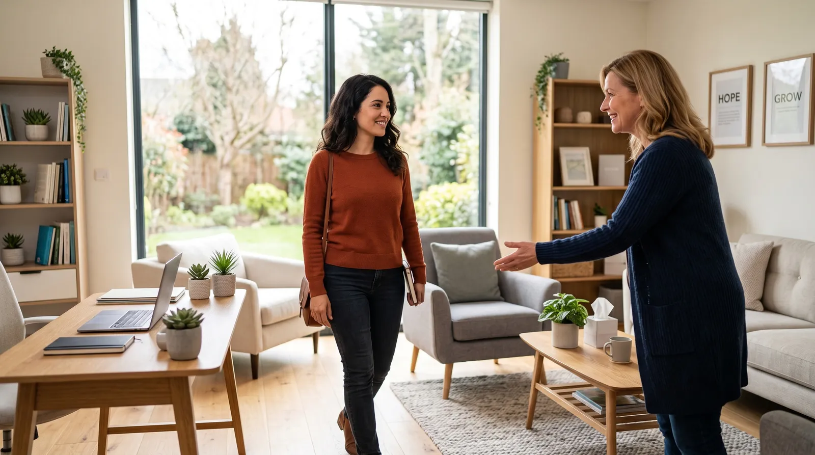 A warm, welcoming handshake in a bright modern office