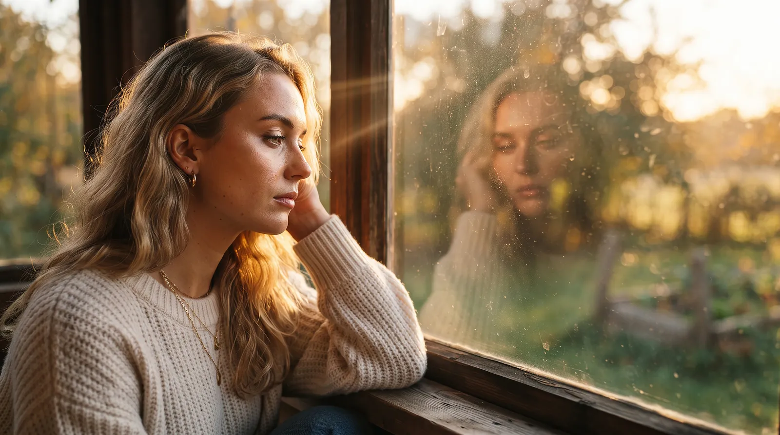 Woman looking out a window at golden sunset light, a quiet reflective moment