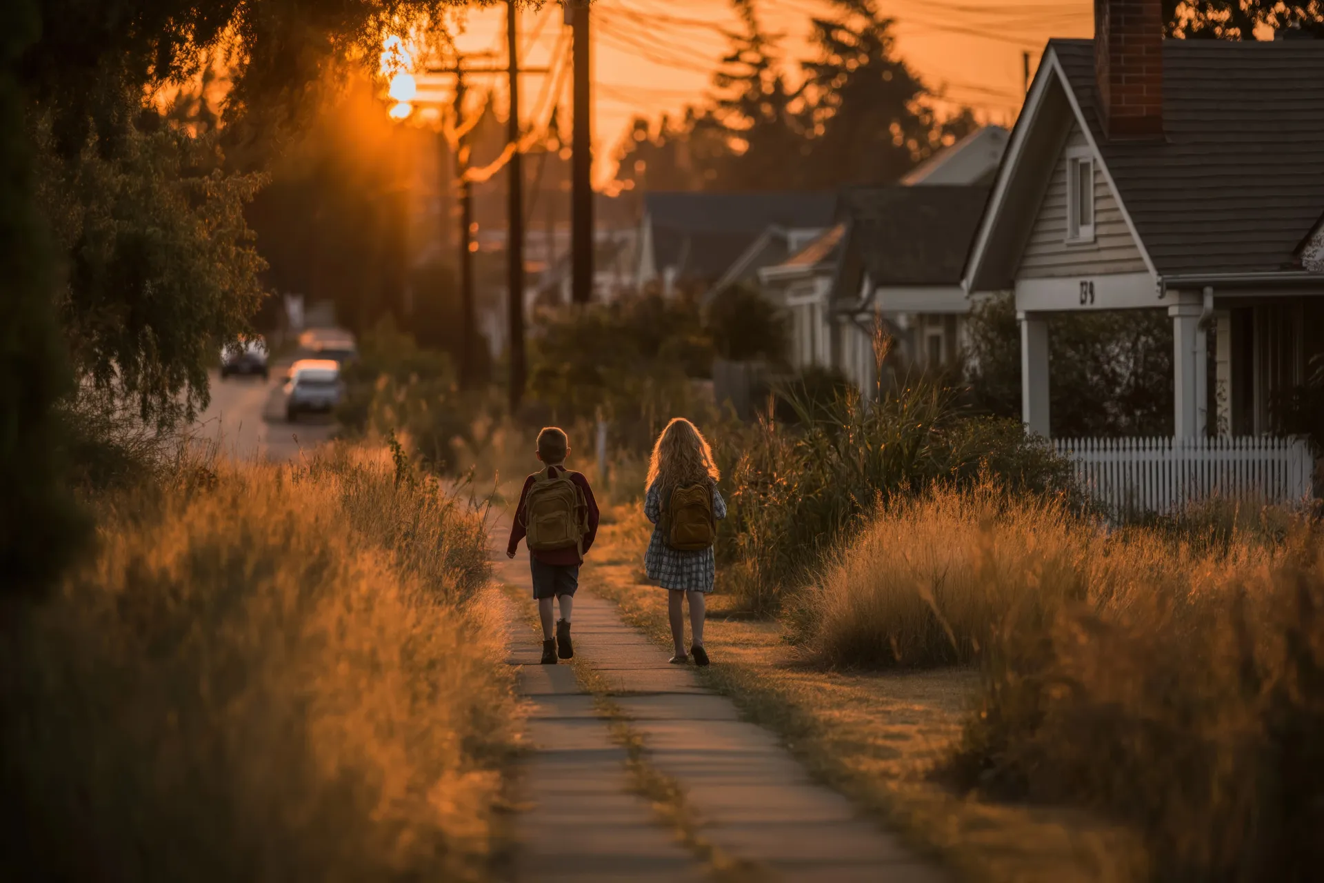 Children walking home together at golden hour