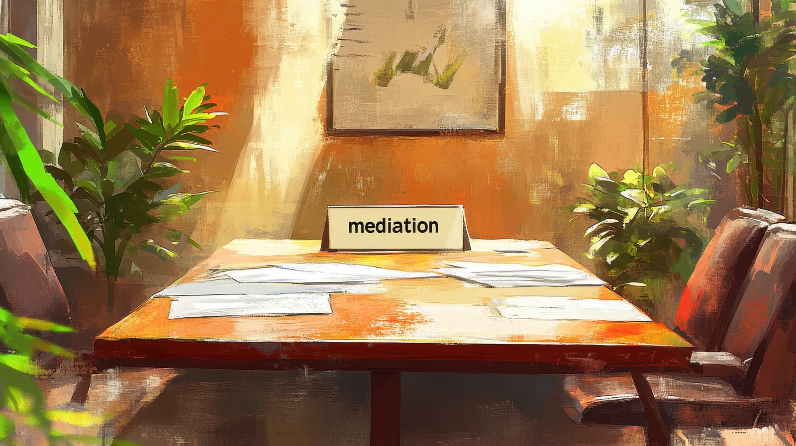 A peaceful, sunlit mediation room set up for calm conversation