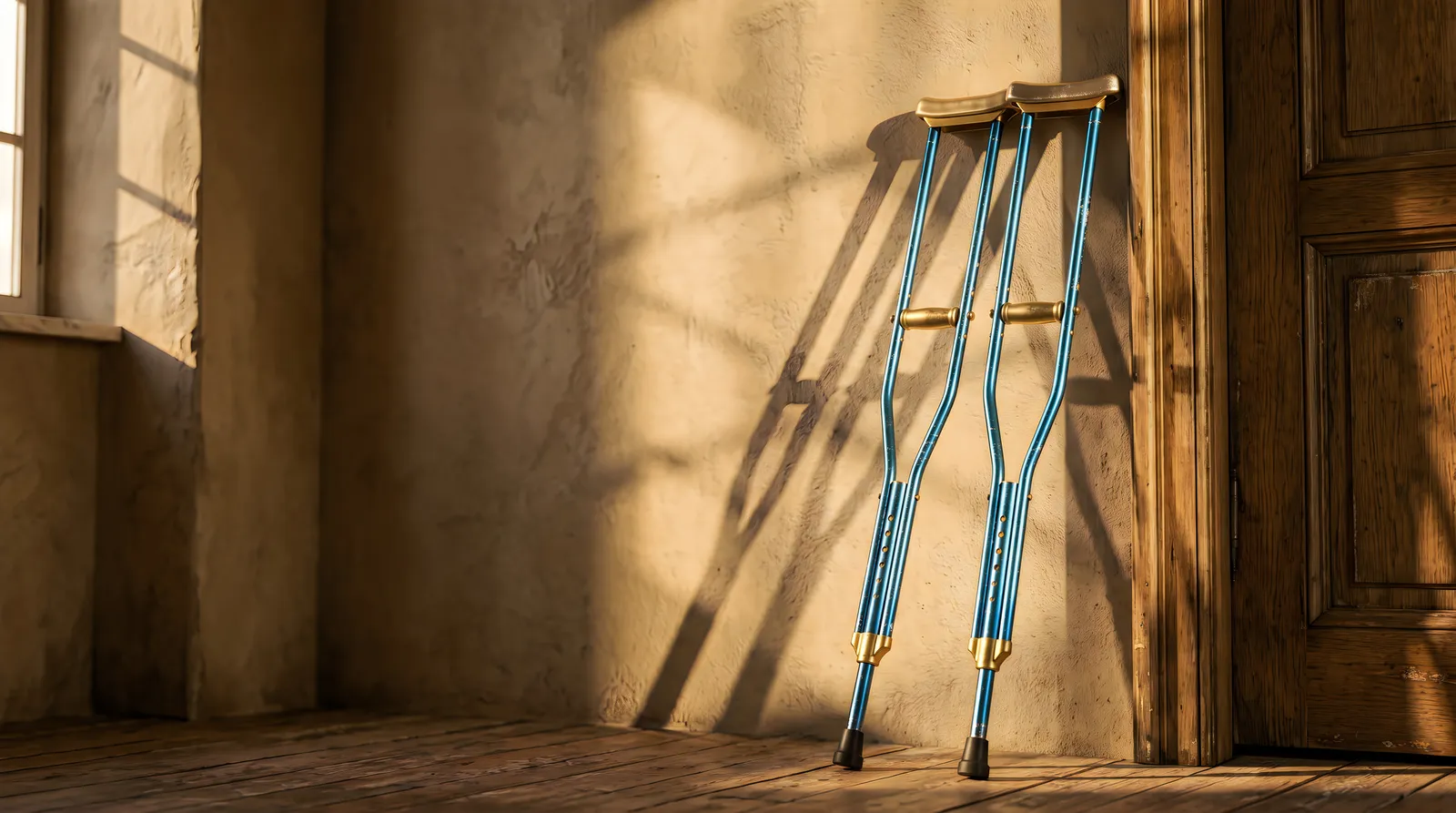 A pair of crutches leaning against a wall in warm sunlight