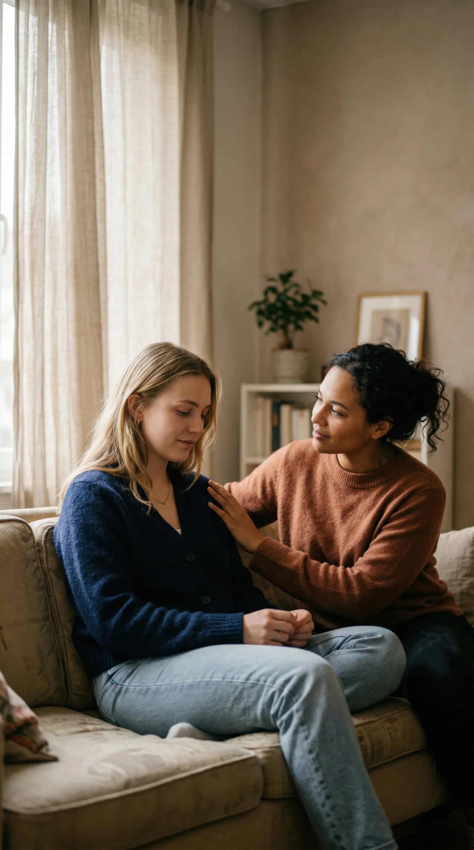 A supportive hand placed gently on a person's shoulder, offering comfort